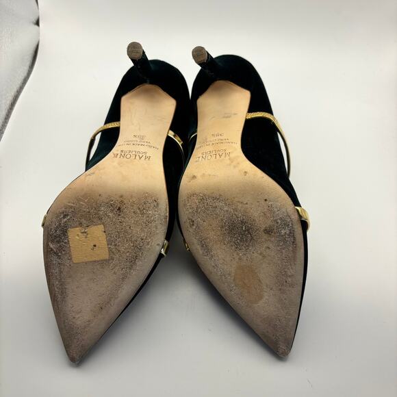 Malone Souliers Green Velvet Heels Gold Bands Pointed Toe Stiletttos 38.5 8-8.5 - Picture 7 of 7